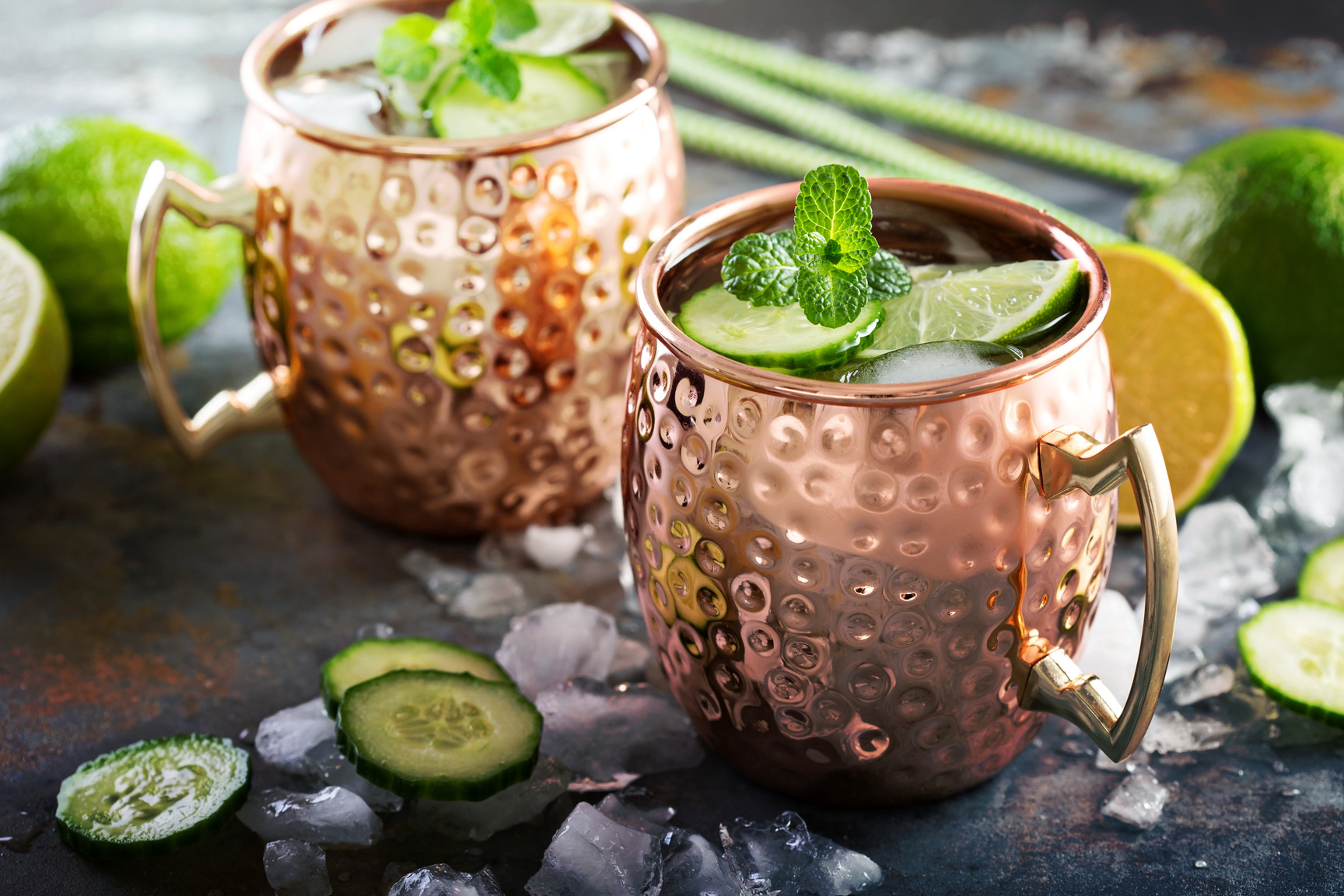 Moscow mule cocktail with lime and cucumber
